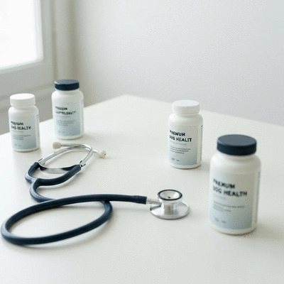 A variety of modern dog health supplements and a stethoscope on a clean white surface