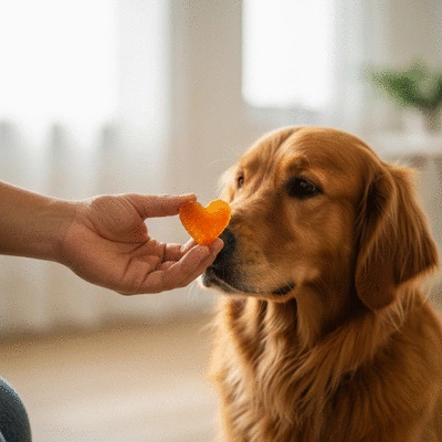 Close up of a dog owner giving a natural supplement treat to their golden retriever