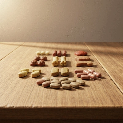 Variety of colorful dog supplement chews and tablets on a wooden surface