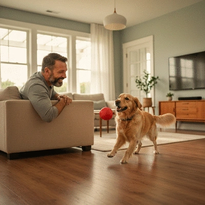 A woman sitting on a living room floor observing her healthy dog playing with a toy