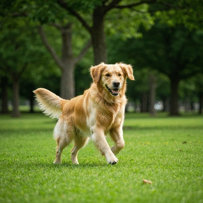 Healthy golden retriever running happily in a park