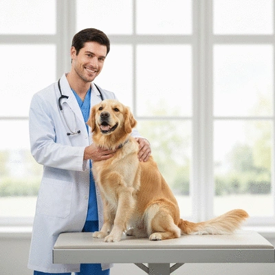 A veterinarian performing a gentle physical exam on a happy golden retriever