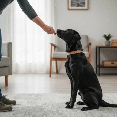 A person practicing training commands with a Labrador Retriever in a living room setting