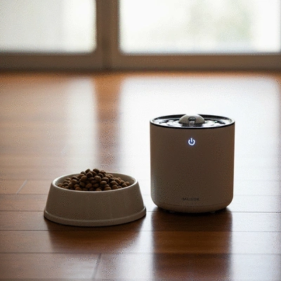 Bowl of specialized healthy dog food next to a fresh water dispenser on a clean floor
