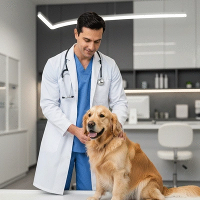 Veterinarian examining a concerned dog in a clinic setting