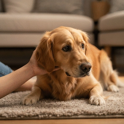 Nervous dog seeking comfort from owner