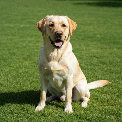Healthy adult yellow Labrador Retriever sitting happily on a green lawn