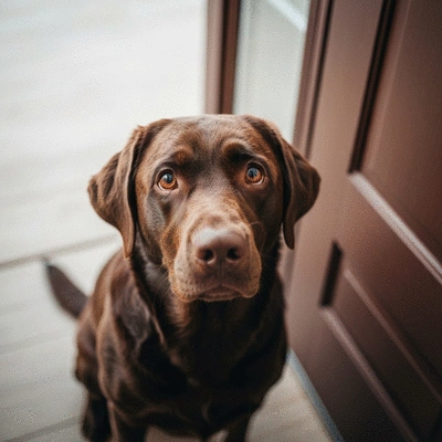 Sad dog waiting by the front door