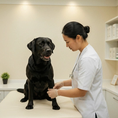 Veterinarian checking a Labrador retriever for hip health