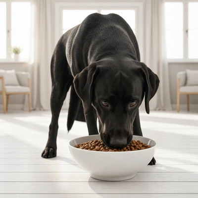 A large breed dog eating a healthy meal from a bowl