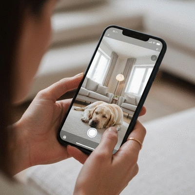 Owner checking dog monitoring camera on smartphone