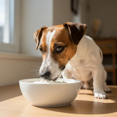 Happy dog eating healthy yogurt from a bowl