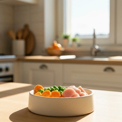 Healthy dog bowl with fresh ingredients