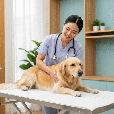 Golden Retriever receiving a gentle physical examination from a veterinarian