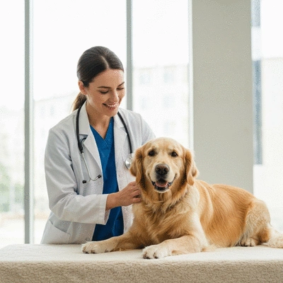 Close up of a veterinarian gently examining a calm golden retriever