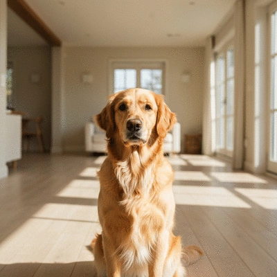Healthy golden retriever dog sitting calmly in a sunlit room