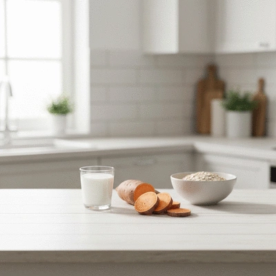 Variety of healthy probiotic dog food ingredients like kefir and sweet potato