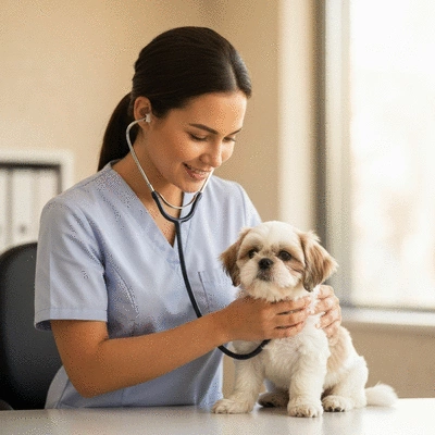 Veterinarian examining a small breed dog with a stethoscope