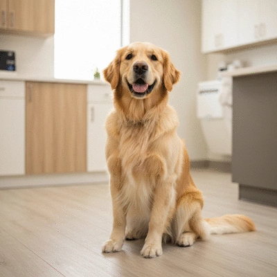 A golden retriever sitting calmly in a bright veterinary clinic