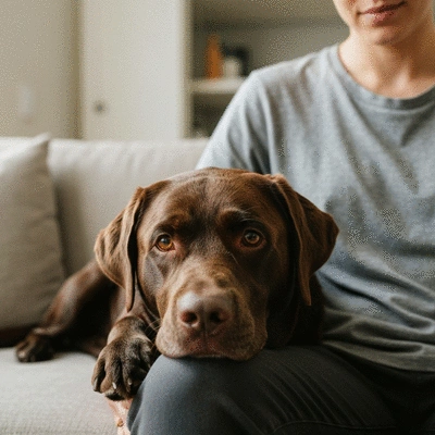 A calm Labrador service dog resting its head on the lap of a person sitting on a sofa
