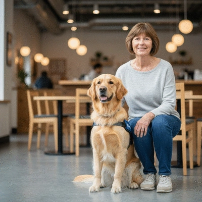 A Golden Retriever wearing a service dog vest sitting calmly next to its handler in a public space