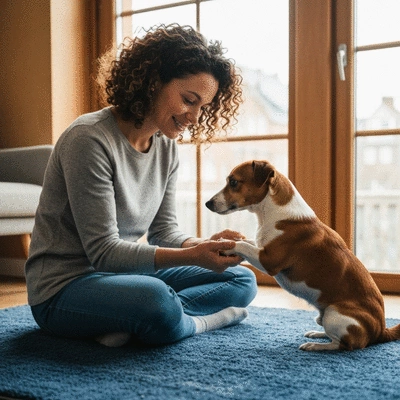 Dog owner checking their pet's paw for minor irritations at home