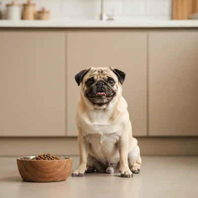 Healthy pug sitting by a wooden bowl of fresh dog food