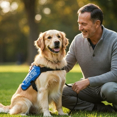 Golden Retriever service dog sitting calmly next to its owner in a public park