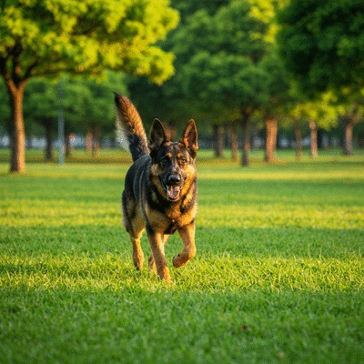 Close up of a healthy dog running in a sunny park representing preventive care success
