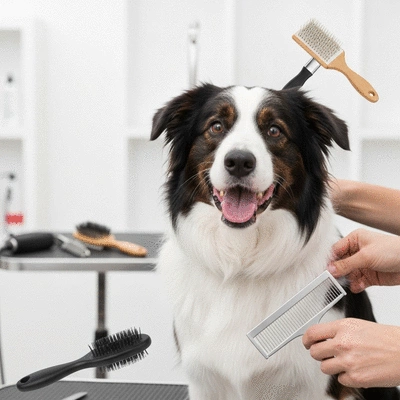 Professional groomer brushing a happy dog in a bright pet salon