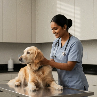 A veterinarian gently examining a calm golden retriever in a bright clinic