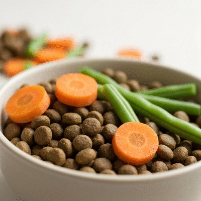 Close up of high quality dry dog food kibble with fresh vegetables